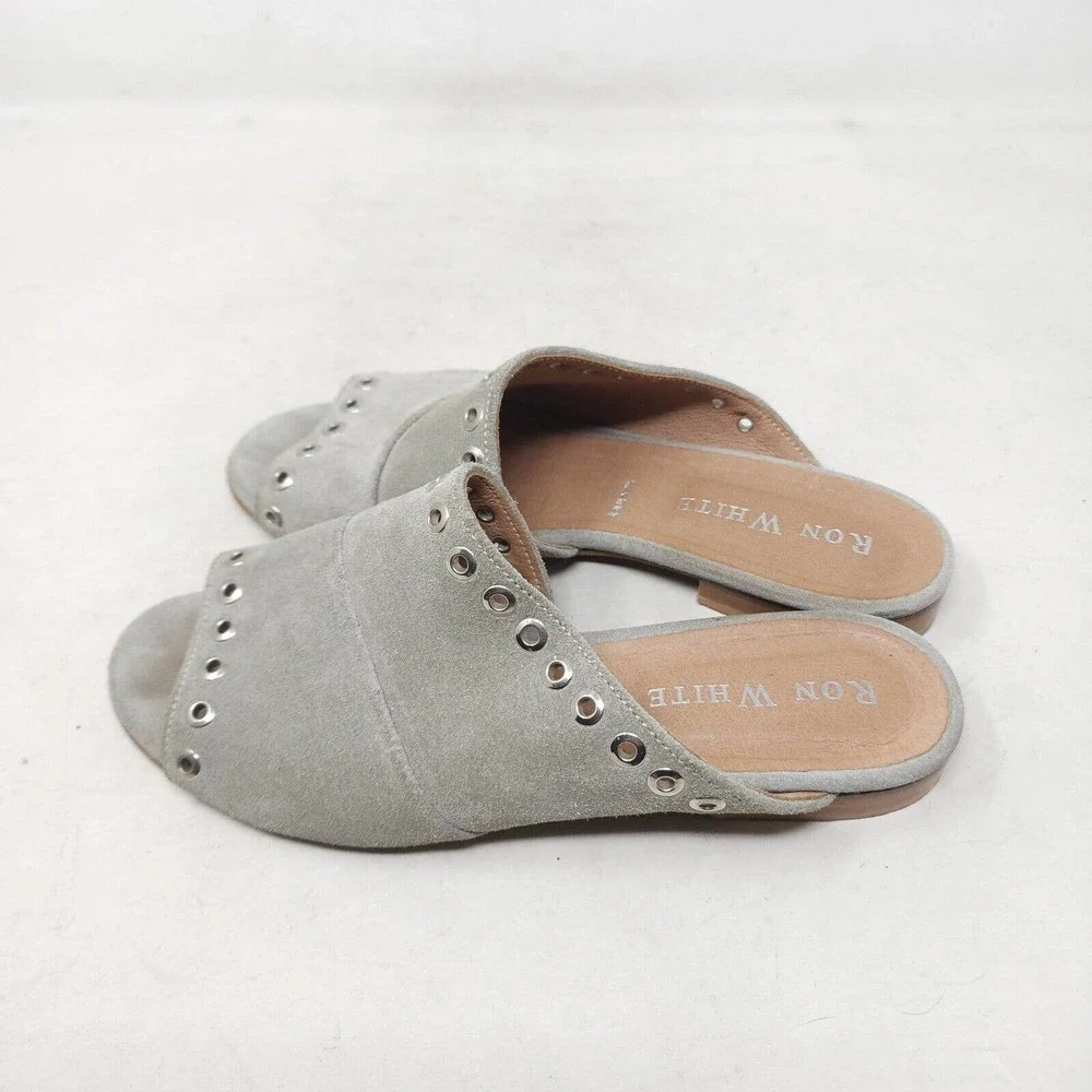 Ron White Womens Sandals Stone Gray Suede Leather Grommet Slides Shoes Sz 38 7.5